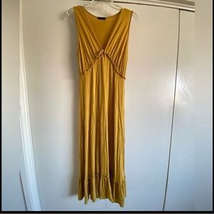 21 Saints Mustard Yellow V-Neck Midi Dress Ruffle Hem Empire Waist Small